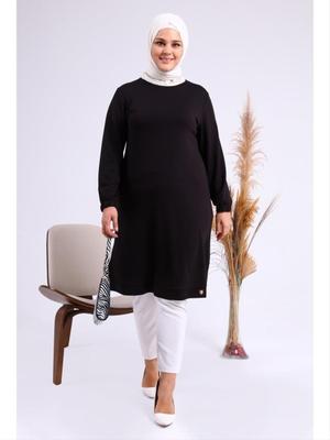 Siyah Büyük Beden İki İplik Penye Uzun Tunik
