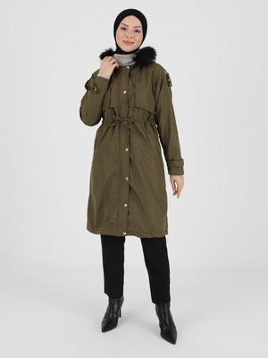 Haki Şapkası Kürk Detaylı Boydan Fermuarlı Trençkot