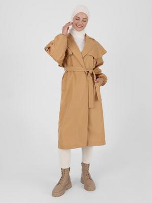 Volanlı Ve Kuşaklı Trençkot Koyu Bej