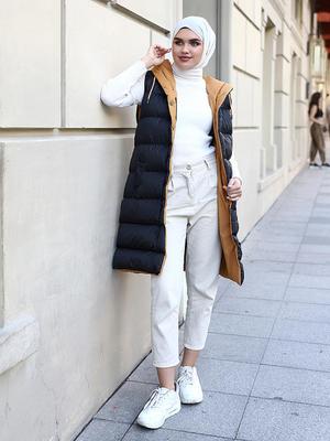 Muzze Hardal Astarlı Siyah Şişme Yelek