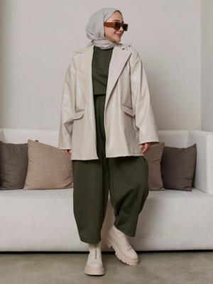 Taş Rengi Cep Detaylı Deri Ceket