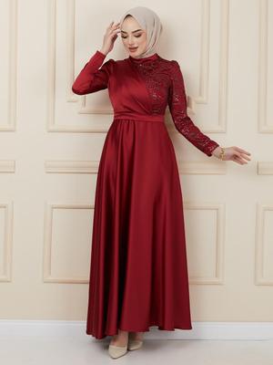 Bordo Volan Ve Payet Detaylı Saten Abiye Elbise Bordo Volan Ve Payet Detaylı Saten Abiye Elbise
