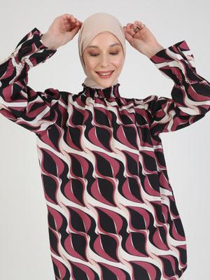 Mürdüm Bej Desenli Yaka Ve Kol Uçları Gipe Detaylı Saten Bluz Mürdüm Bej Desenli Yaka Ve Kol Uçları Gipe Detaylı Saten Bluz
