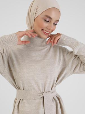 Boğazlı Kuşak Detaylı Triko Tunik Bej Melanj Boğazlı Kuşak Detaylı Triko Tunik Bej Melanj