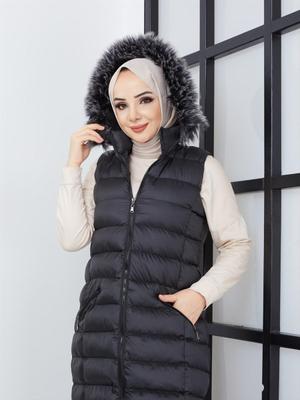 Siyah Uzun Dolumlu Şişme Yelek