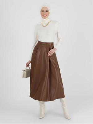 Kahve Deri Görünümlü Cep Detaylı Etek