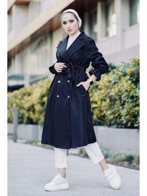 Siyah Kol Büzgülü Kemerli Trençkot