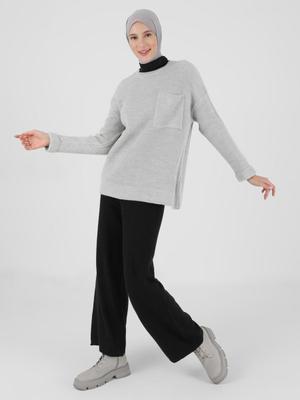 Gümüş Melanj Cep Detaylı Triko Kazak