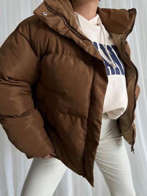 Kahverengi Fermuarlı Cepli Şişme Mont