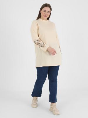 Bej Büyük Beden Baskı Detaylı Tunik