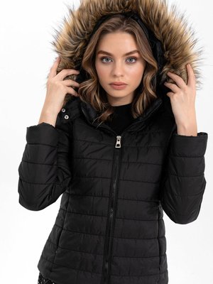 Siyah Kürk Kapüşonlu Şişme Mont