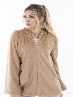 Camel Fermuarlı Oversize Kapüşonlu Çift Cepli Peluş Mont