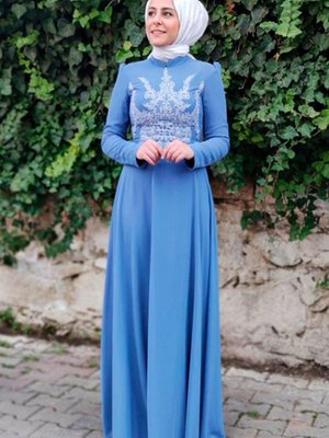 İndigo Panolu Dantelli Abiye Elbise
