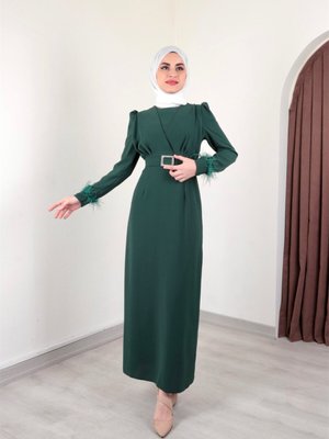 Yeşil Kol Tüllü Abiye Elbise
