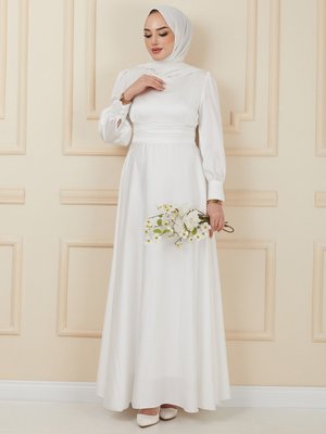 Ekru Beli Pilise Detaylı Kuşaklı Saten Nikah Abiye Elbise Ekru Beli Pilise Detaylı Kuşaklı Saten Nikah Abiye Elbise