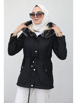 Siyah Berfin İçi Kürklü Çift Cepli Mont