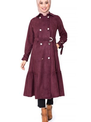 Mürdüm Düğmeli Kuşaklı Kaban