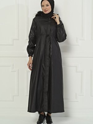 Siyah Kürk Kapüşonlu Kaban