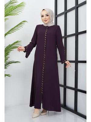 Büyük Beden Taş Detaylı Mürdüm Ferace