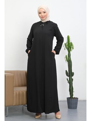 Siyah Mısra Kolları Lastikli Gizli Fermuarlı Ferace