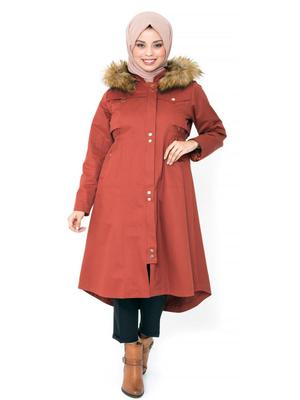 Kiremit Çıtçıtlı Kapüşonlu Trençkot