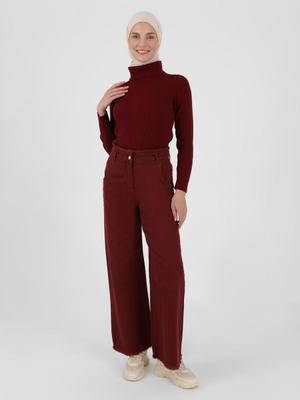 Bordo Püskül Detaylı Denim Kot Pantolon Bordo Püskül Detaylı Denim Kot Pantolon