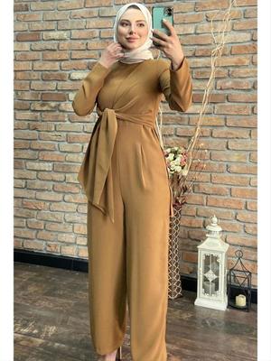 Camel Kuşak Detaylı Krep Kumaş Tulum Camel Kuşak Detaylı Krep Kumaş Tulum