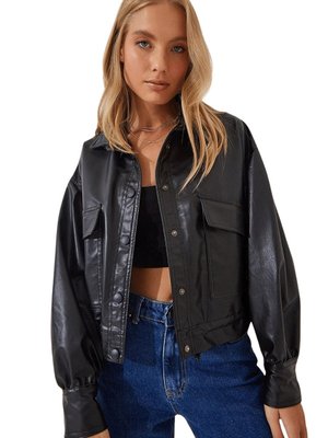 Siyah Beli Lastikli Crop Deri Mont Siyah Beli Lastikli Crop Deri Mont