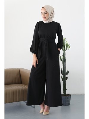 Siyah Fulya Kolları Lastikli Kemerli Tulum