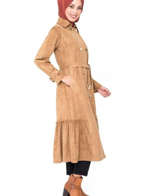 Camel Düğmeli Kuşaklı Kaban