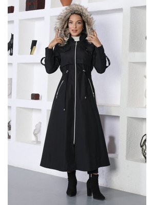 Siyah Fermuarlı Kapüşonlu Mont