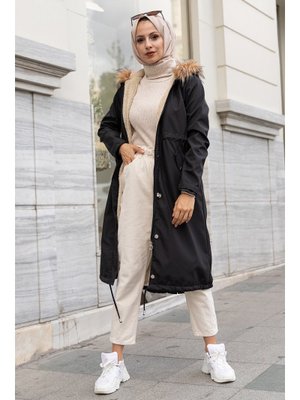 Siyah Yakası Kürklü İçi̇ Peluş Bondi̇t Kaban Siyah Yakası Kürklü İçi̇ Peluş Bondi̇t Kaban