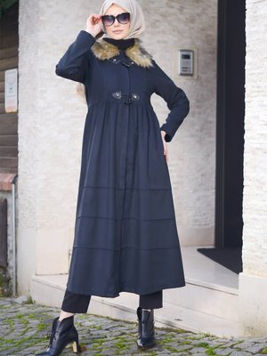 Lacivert Kürklü Yakalı Kaban