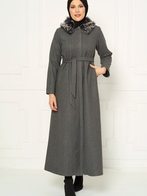 Gri Seyyar Kürk Detaylı Kaban