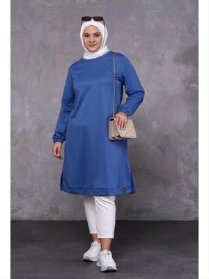 İndigo Büyük Beden İki İplik Penye Uzun Tunik