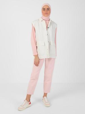 Off White Rahat Kalıp Cep Detaylı Kot Yelek Off White Rahat Kalıp Cep Detaylı Kot Yelek