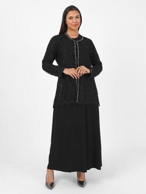 Siyah Taş İşlemeli Dantel Büyük Beden Abiye Elbise İkili Takım