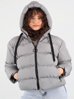 Gri Kapüşonlu Kısa Şişme Mont