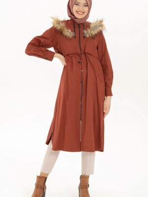 Kiremit Fermuarlı Kapüşonlu Trençkot