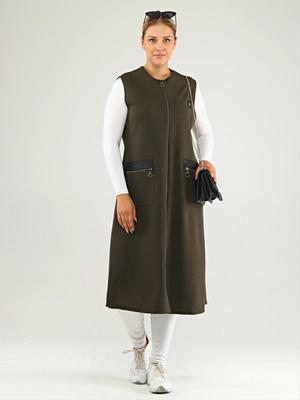 Haki Kadin Deri Cepli Buyuk Beden Uzun Yelek