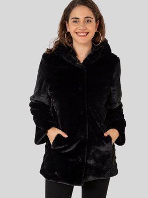 Siyah Çıtçıt Düğmeli Çift Cepli Kürk Mont