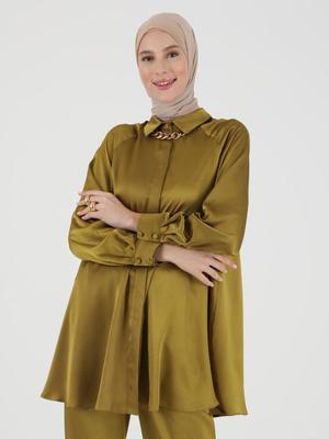 Zeytin Yeşili Saten Tunik & Pantolon İkili Takım Zeytin Yeşili Saten Tunik & Pantolon İkili Takım