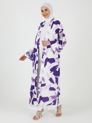 Off White Lila Rahat Kalıp Geometrik Desenli Abaya Ferace Off White Lila Rahat Kalıp Geometrik Desenli Abaya Ferace