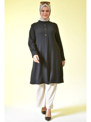 Siyah Kadin Buyuk Beden Tesettur Tunik Düğmeli Ayrobin Kumaş