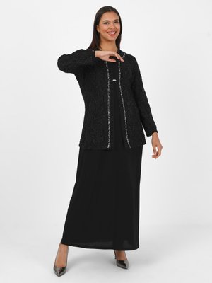 Siyah Simli Taş Baskılı Büyük Beden Abiye Elbise