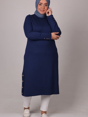 İndigo Büyük Beden Düğme Detaylı Penye Tunik