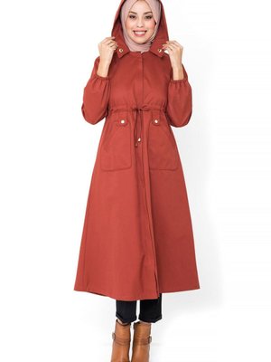 Kiremit Gizli Fermuarlı Trençkot