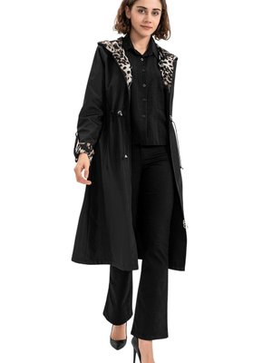 Siyah Beli Sıkmalı Leopar Detaylı Trençkot Siyah Beli Sıkmalı Leopar Detaylı Trençkot