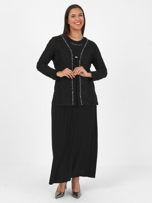 Siyah Simli Taş Baskılı Büyük Beden Abiye Elbise