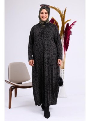 Haki Büyük Beden Leopar Desenli Viskon Penye Anne Elbisesi
